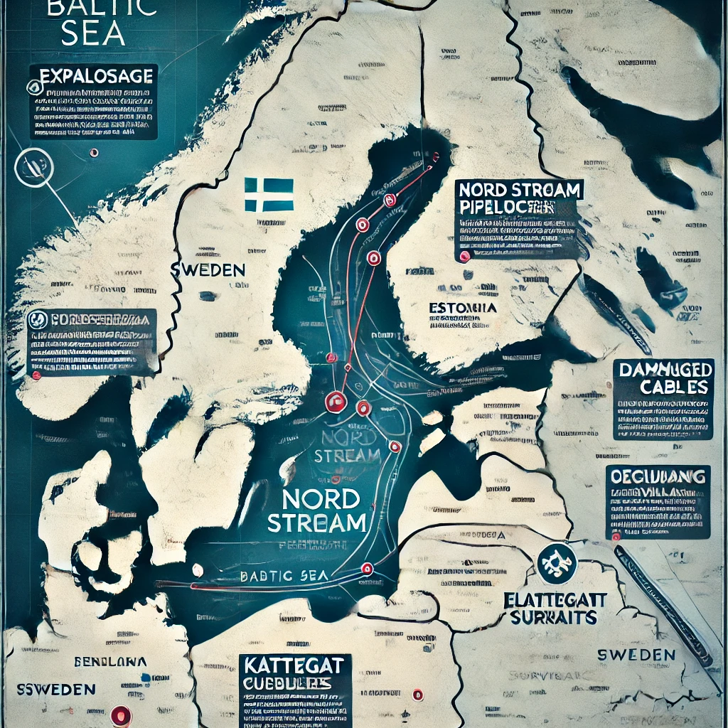 DALL·E 2024 12 27 06.54.03 A detailed map of the Baltic Sea region highlighting key incidents of sabotage on subsea infrastructure. The map includes marked locations for the Nor
